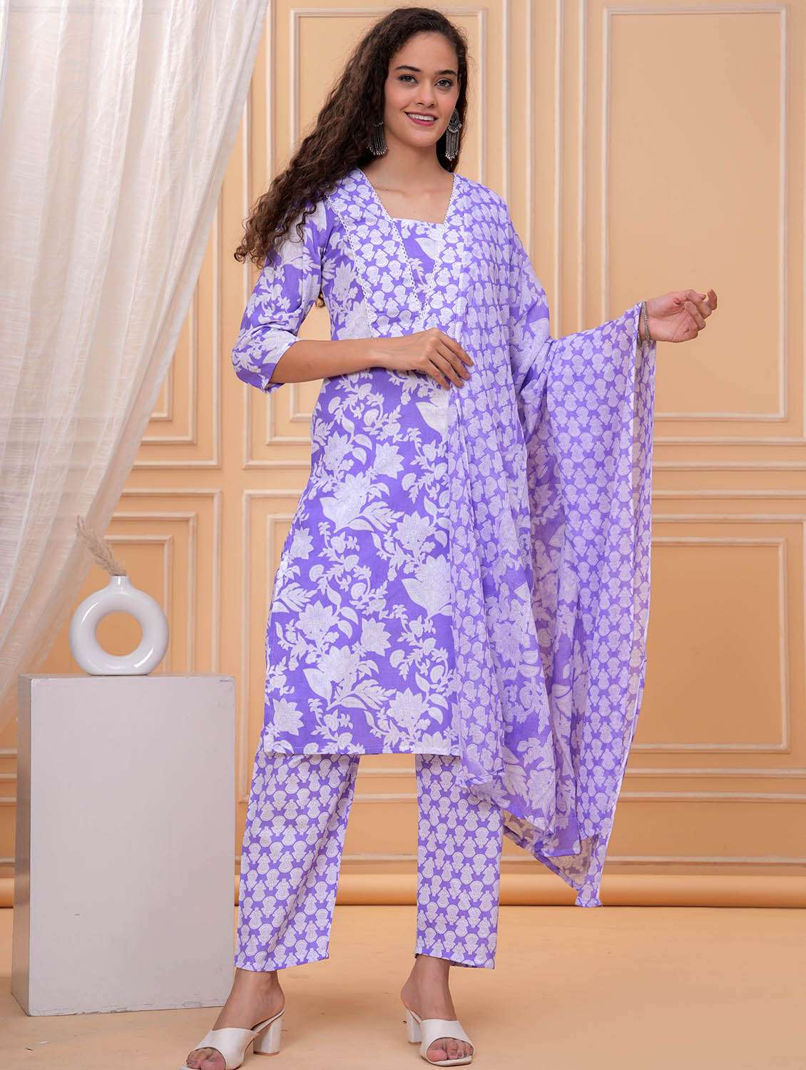 women floral printed three quarter sleeve kurta pant with dupatta set - 21995102 -  Standard Image - 1