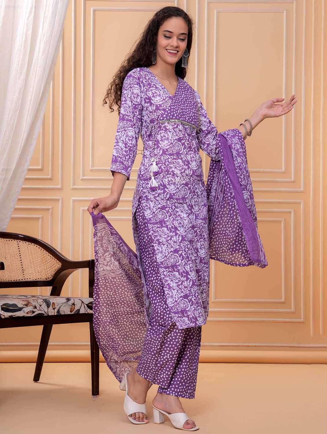 women floral printed three quarter sleeve kurta pant with dupatta set - 21995125 -  Standard Image - 1