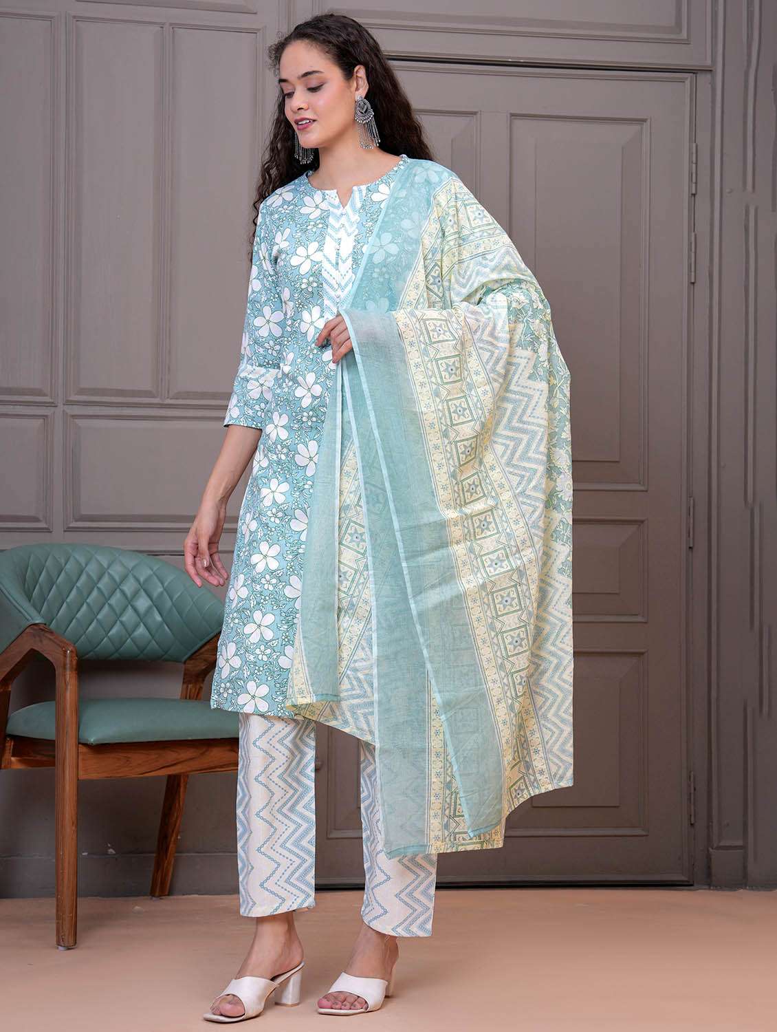 women floral printed three quarter sleeve kurta pant with dupatta set - 21995156 -  Standard Image - 1