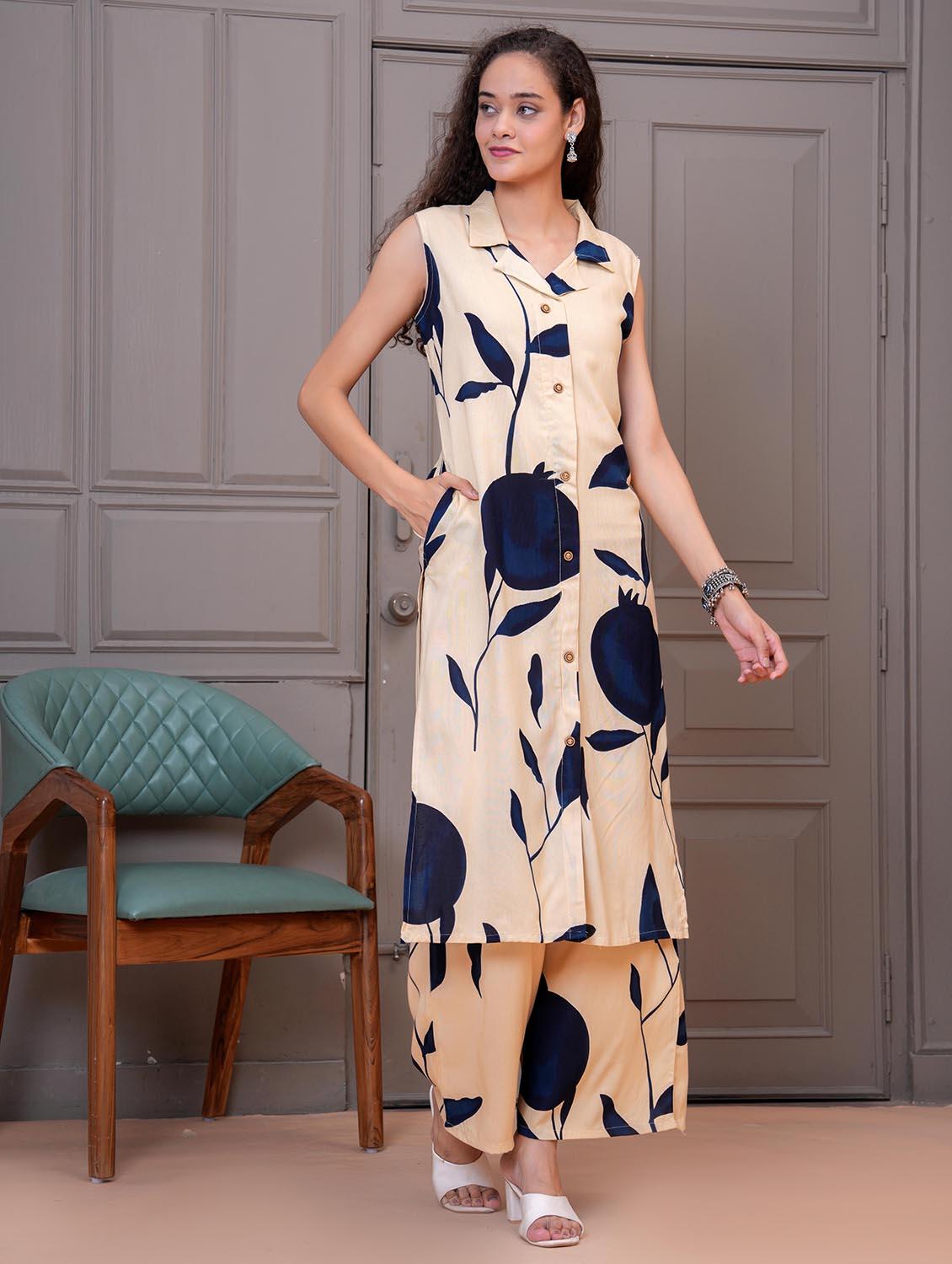 women printed sleeveless kurta and palazzo set - 21995171 -  Standard Image - 1