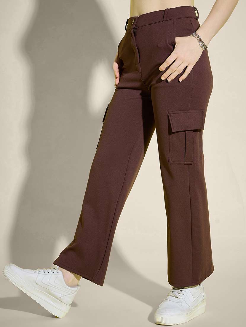women brown solid high rise cargo - 21995381 -  Standard Image - 1