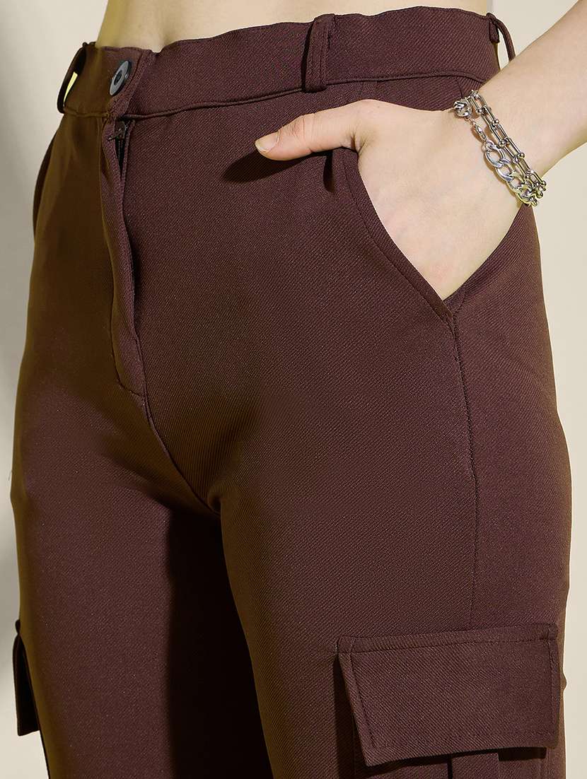 women brown solid high rise cargo - 21995381 - Standard Image - 4