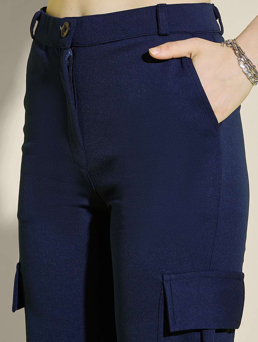 women navy blue solid high rise cargo - 21995383 - Standard Image - 4
