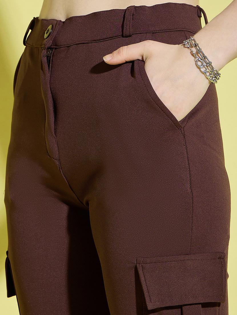 women brown solid high rise cargo - 21995800 - Standard Image - 4