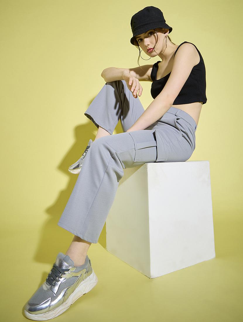 women grey solid high rise cargo - 21995801 - Standard Image - 4