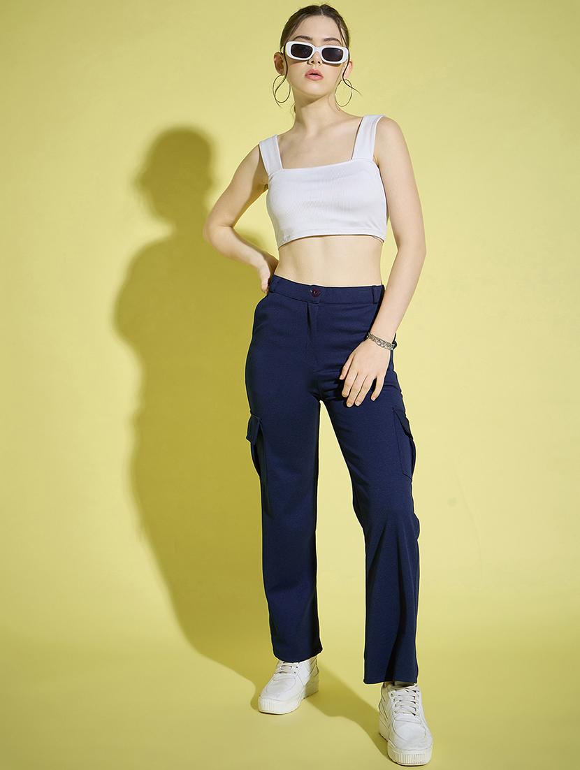 women navy blue solid high rise cargo - 21995802 - Standard Image - 4