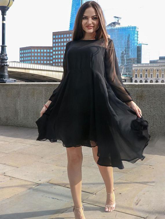 women black solid long sleeve fit & flare dress - 21996361 - Standard Image - 1