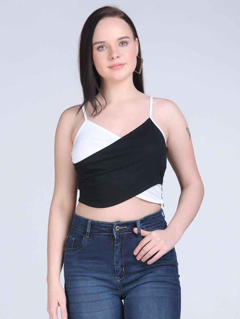 women color blocked shoulder strap crop top