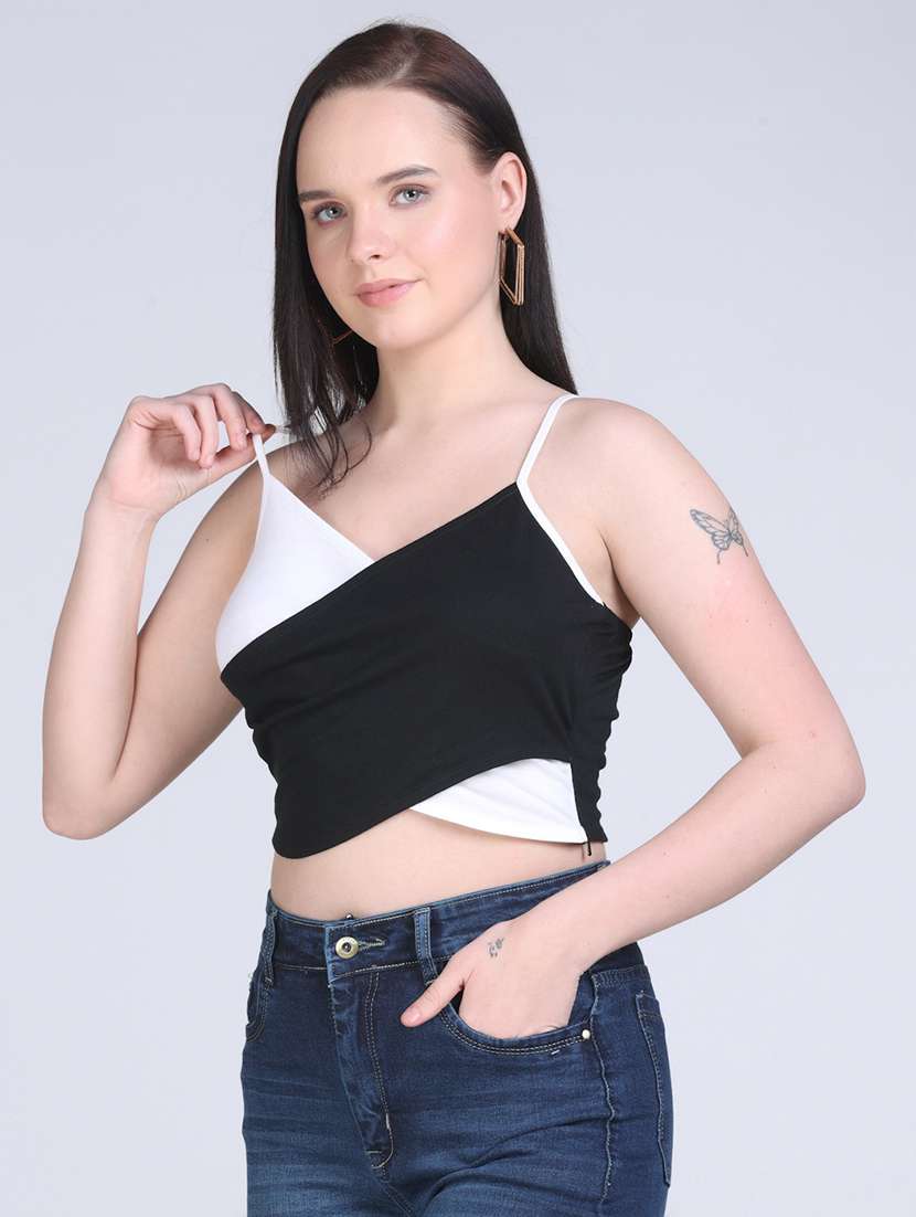women color blocked shoulder strap crop top - 21996395 -  Standard Image - 1