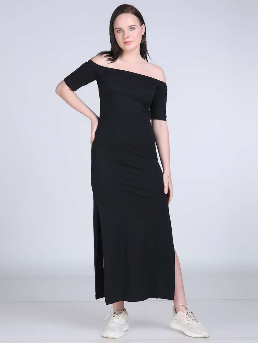 women solid off shoulder straight long top - 21996403 -  Standard Image - 1