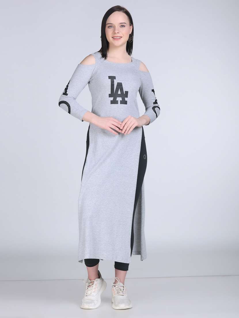women typographic cold shoulder long top - 21996406 - Standard Image - 1