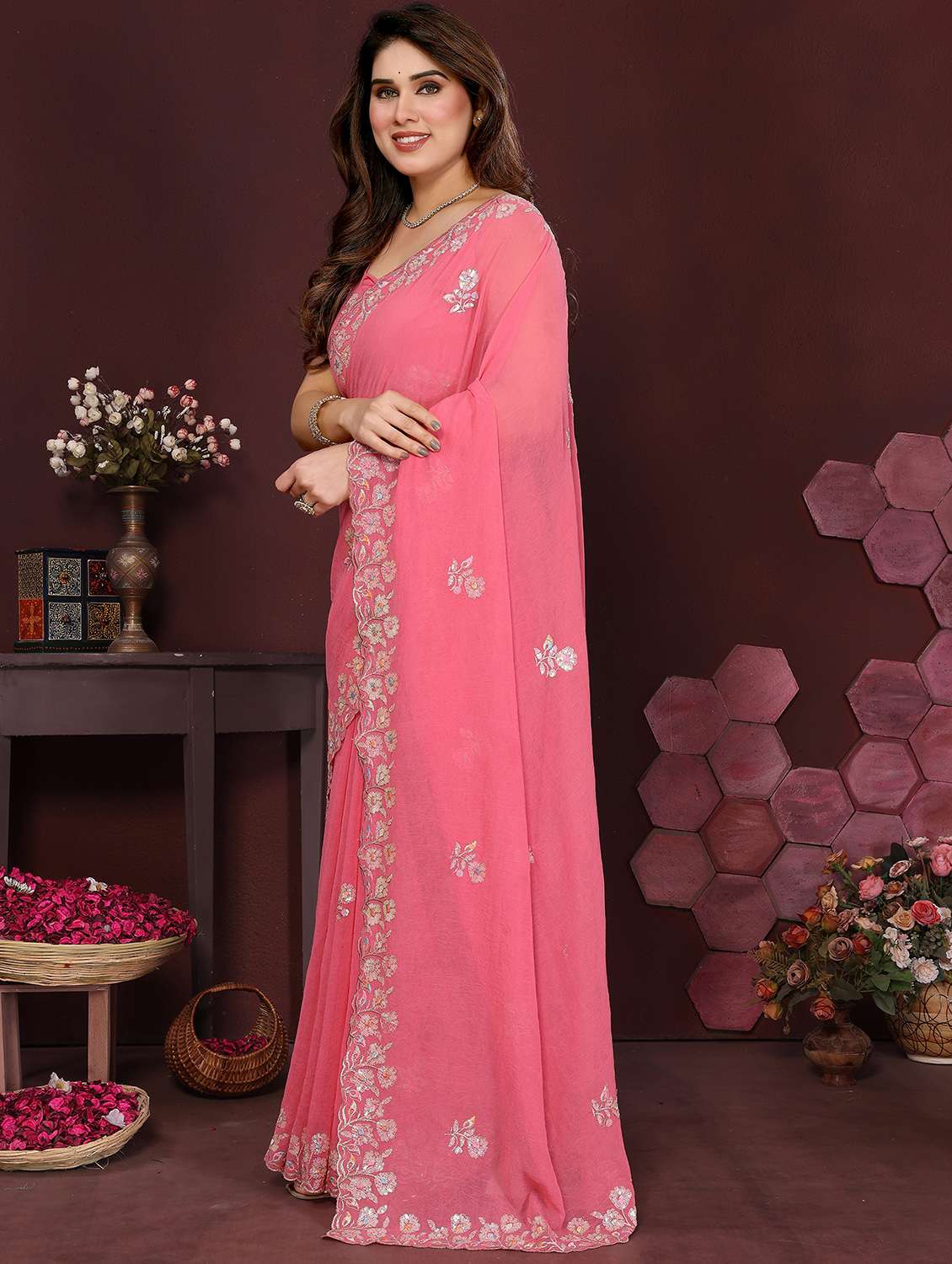 women solid with work embroidered saree with blouse - 21996417 -  Standard Image - 1