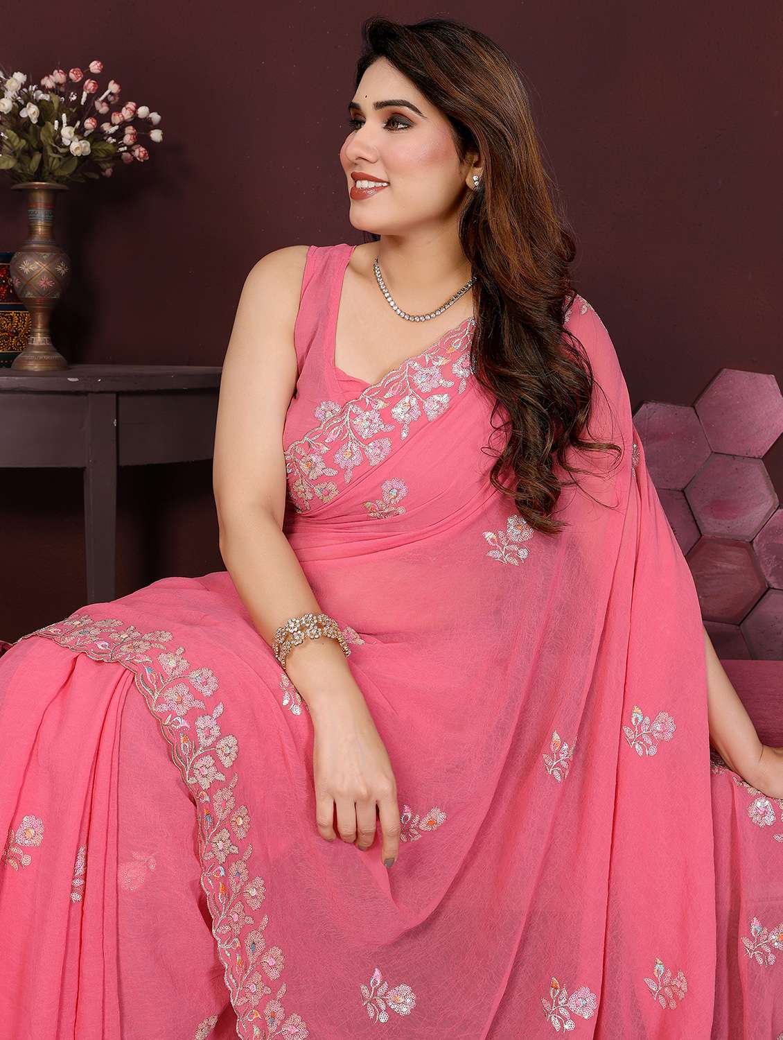 women solid with work embroidered saree with blouse - 21996417 -  Standard Image - 4