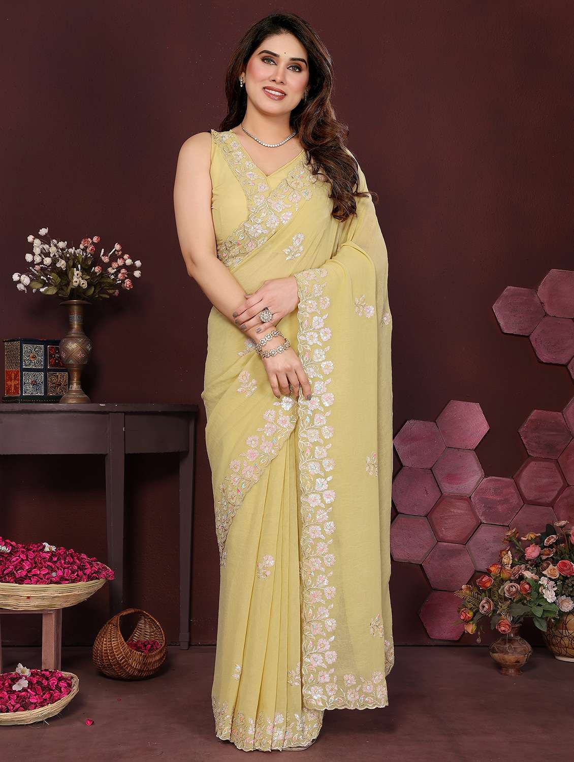 women solid with work embroidered saree with blouse
