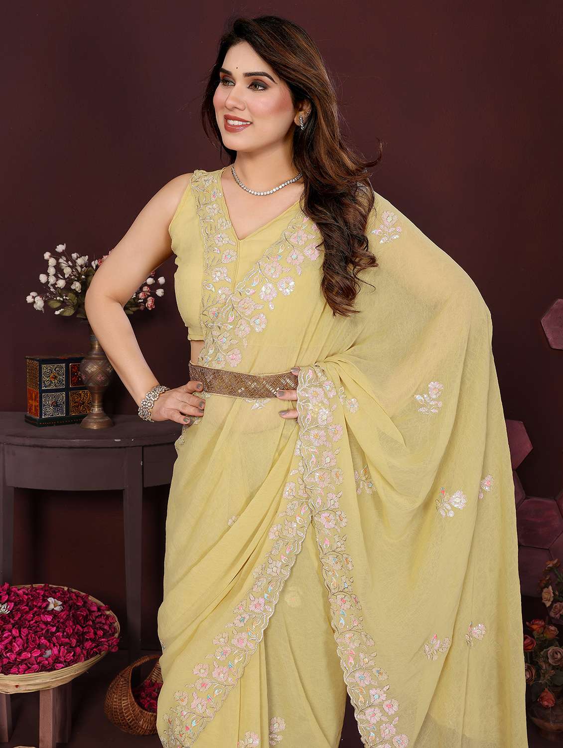 women solid with work embroidered saree with blouse - 21996422 -  Standard Image - 1