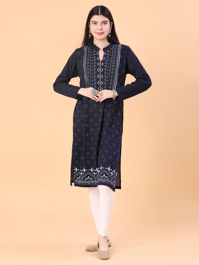 women self designed long sleeve straight woolen kurta