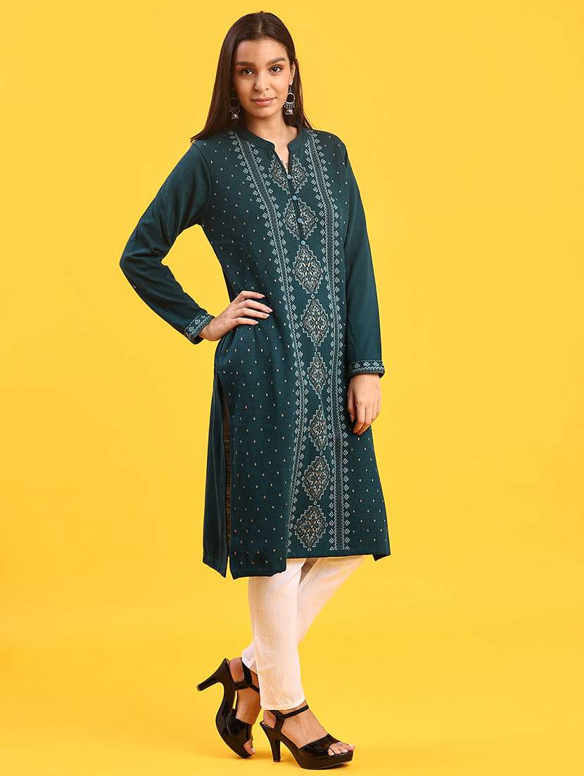 women self designed long sleeve straight woolen kurta - 21996616 -  Standard Image - 1