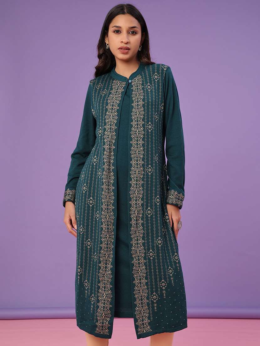 women self design long sleeve woolen kurta - 21996675 -  Standard Image - 1