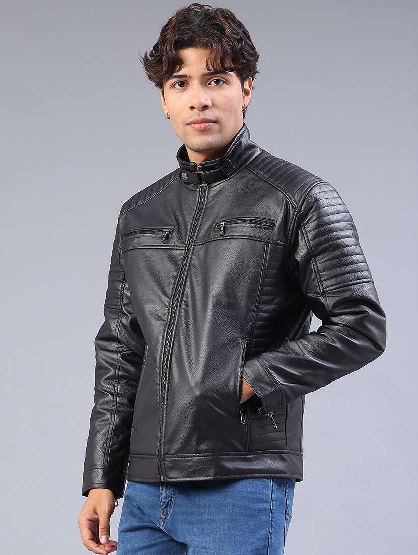 men solid long sleeve biker jacket - 21996763 -  Standard Image - 1