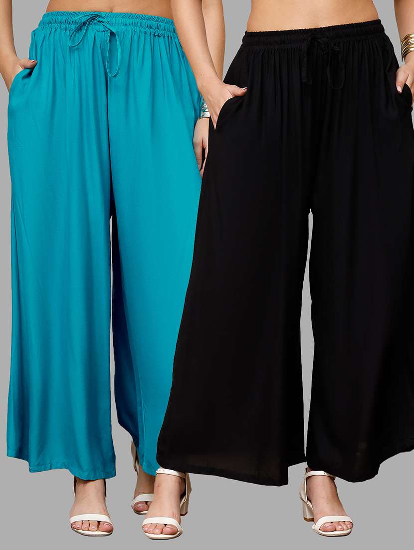 women pack of 2 solid flared palazzo