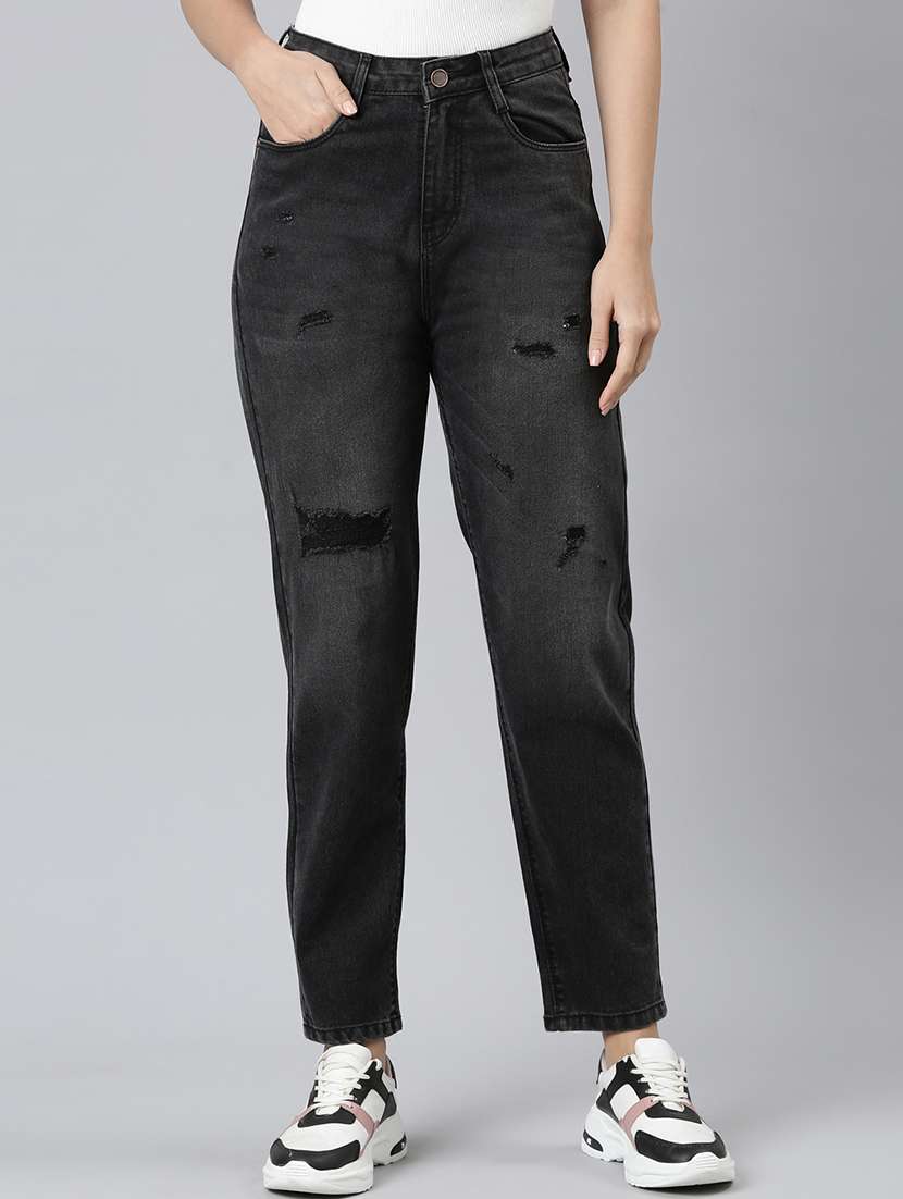 women distressed high rise straight fit jean
