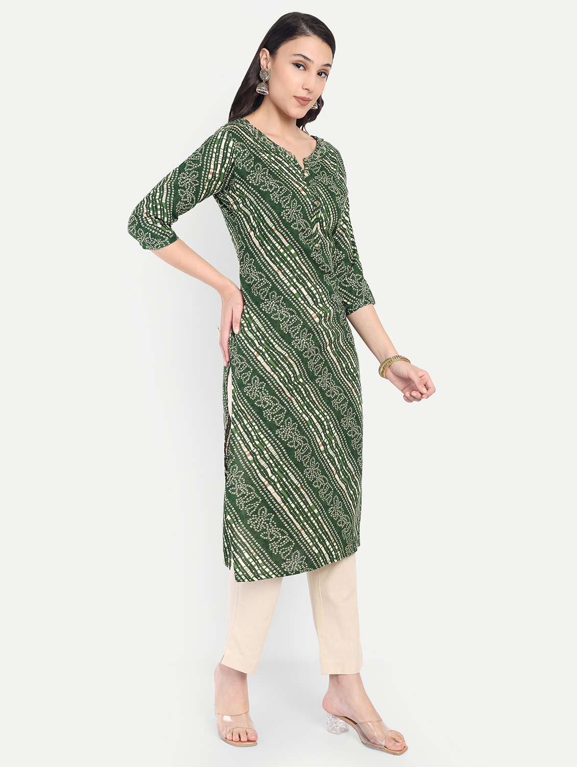 women leheriya printed three quarter sleeve straight kurta - 21997209 - Standard Image - 1