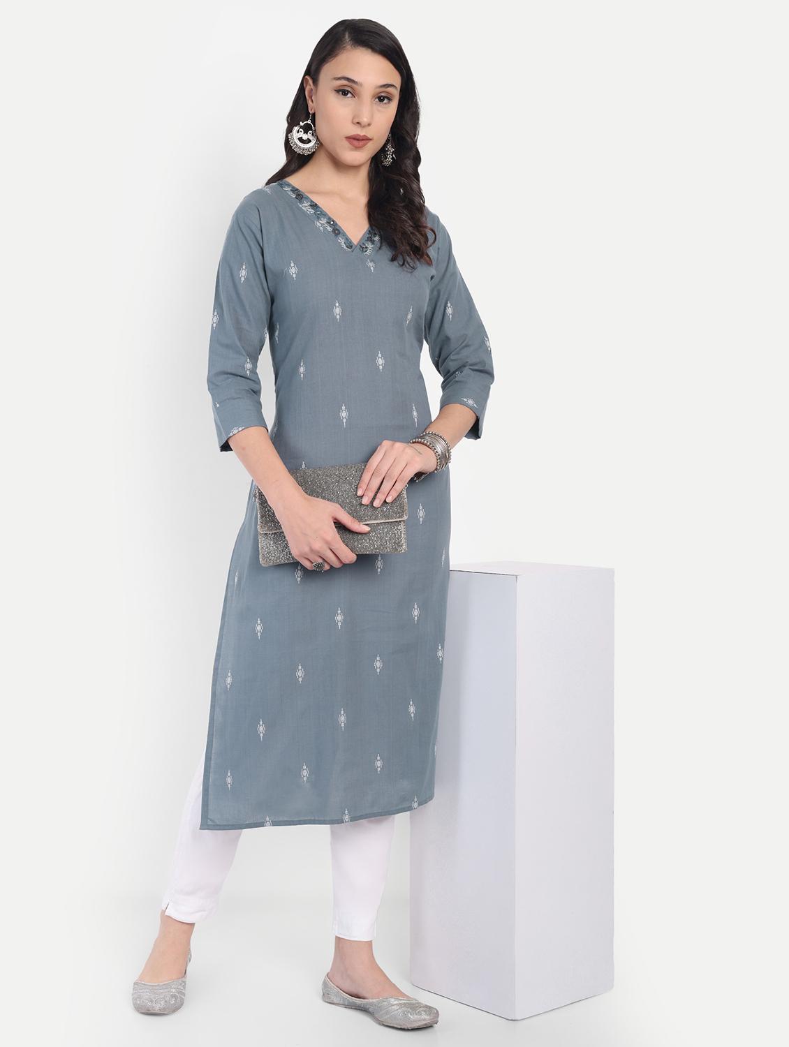 women self design three quarter sleeve straight kurta - 21997210 - Zoom Image - 0