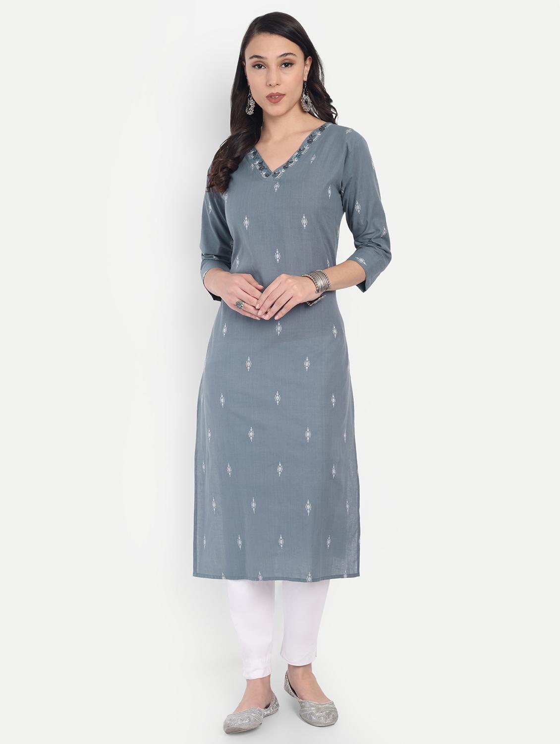 women self design three quarter sleeve straight kurta - 21997210 - Standard Image - 1