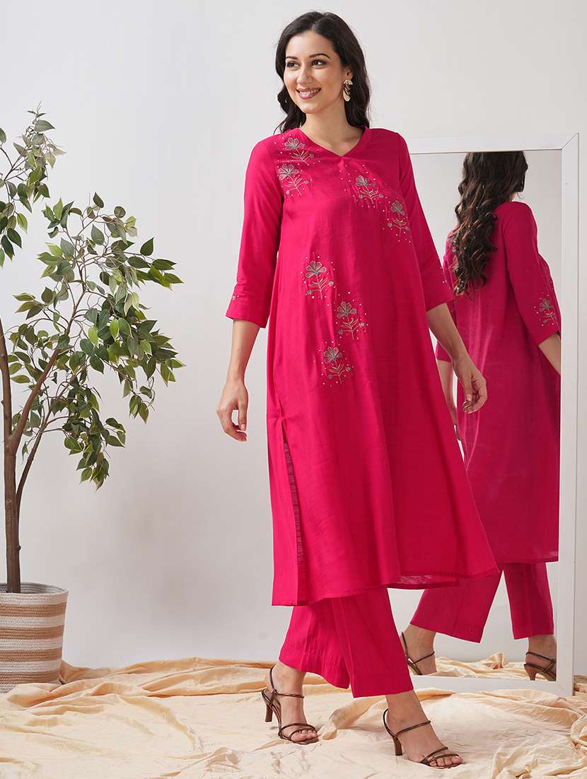 women solid with work three quarter sleeve kurta pant set - 21997215 -  Standard Image - 1