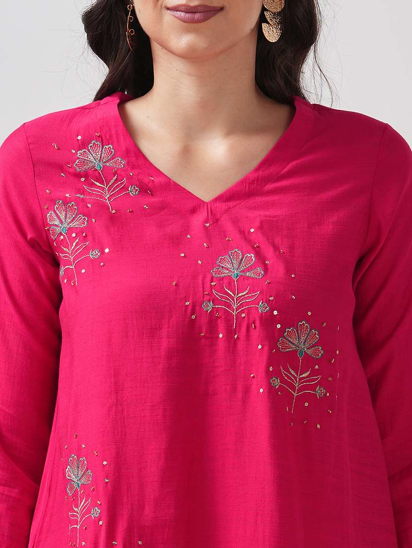 women solid with work three quarter sleeve kurta pant set - 21997215 -  Standard Image - 4