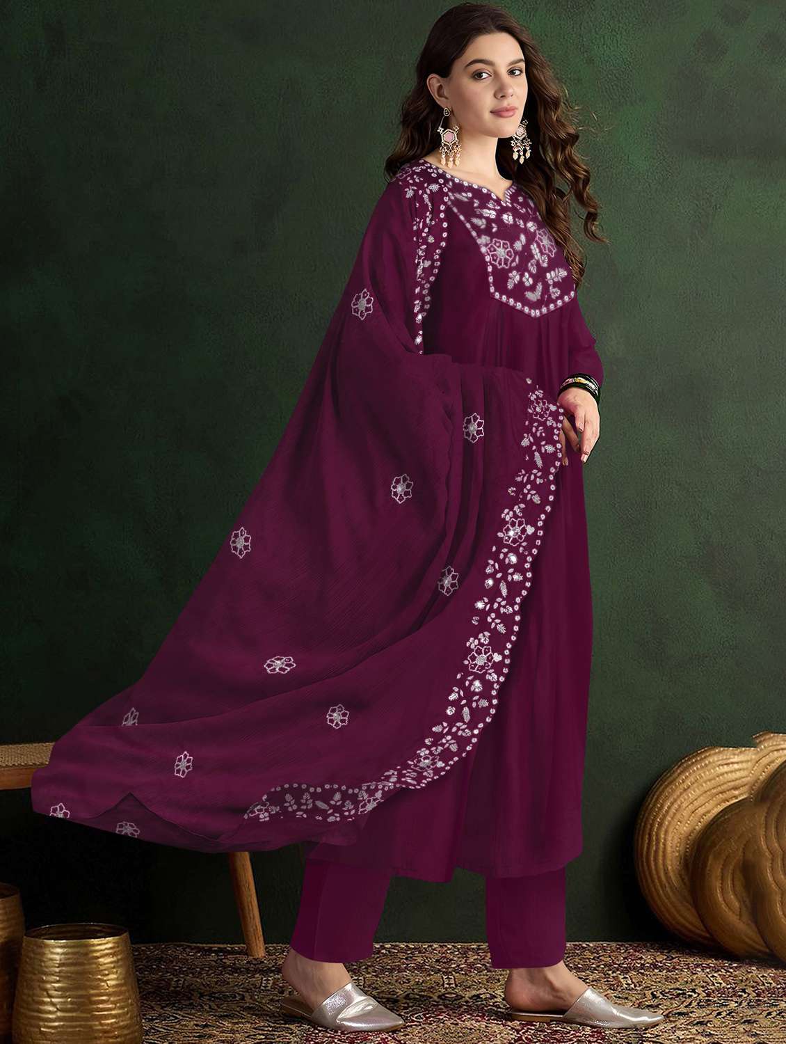 women solid with work long sleeve kurta pant with dupatta set - 21997228 -  Standard Image - 1