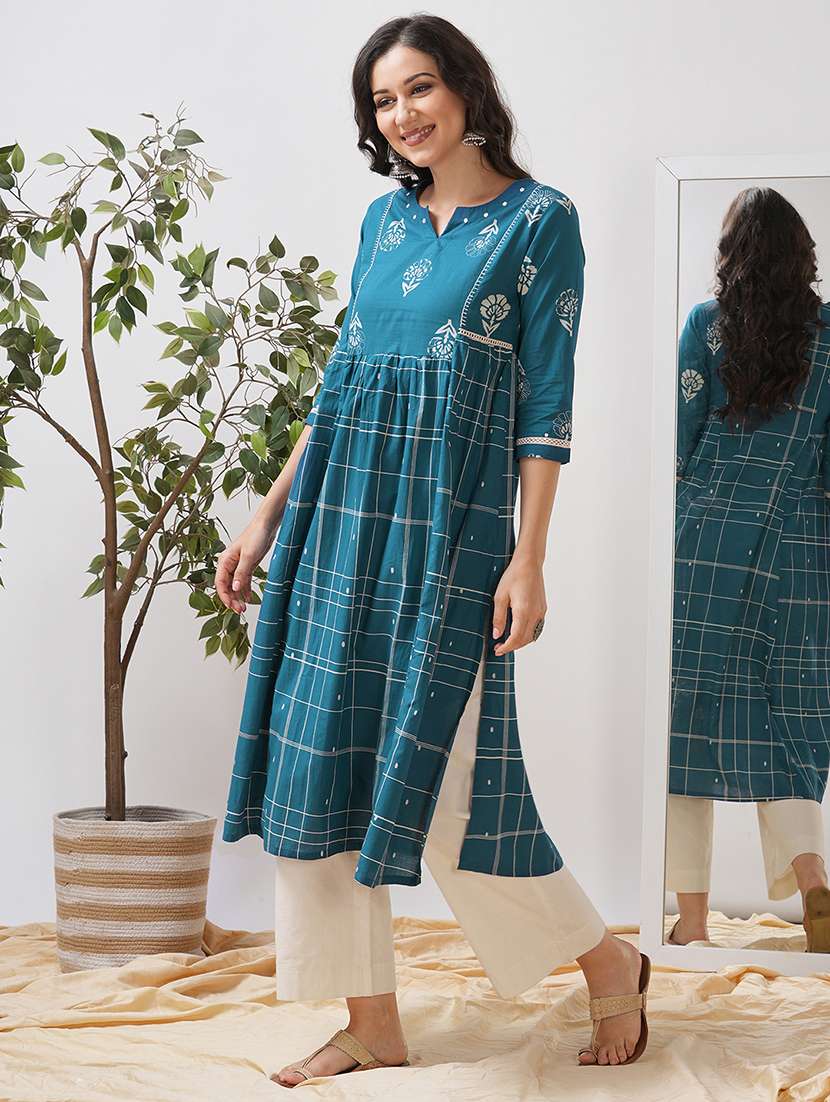 women checkered three quarter sleeve a-line kurta - 21997236 -  Standard Image - 1