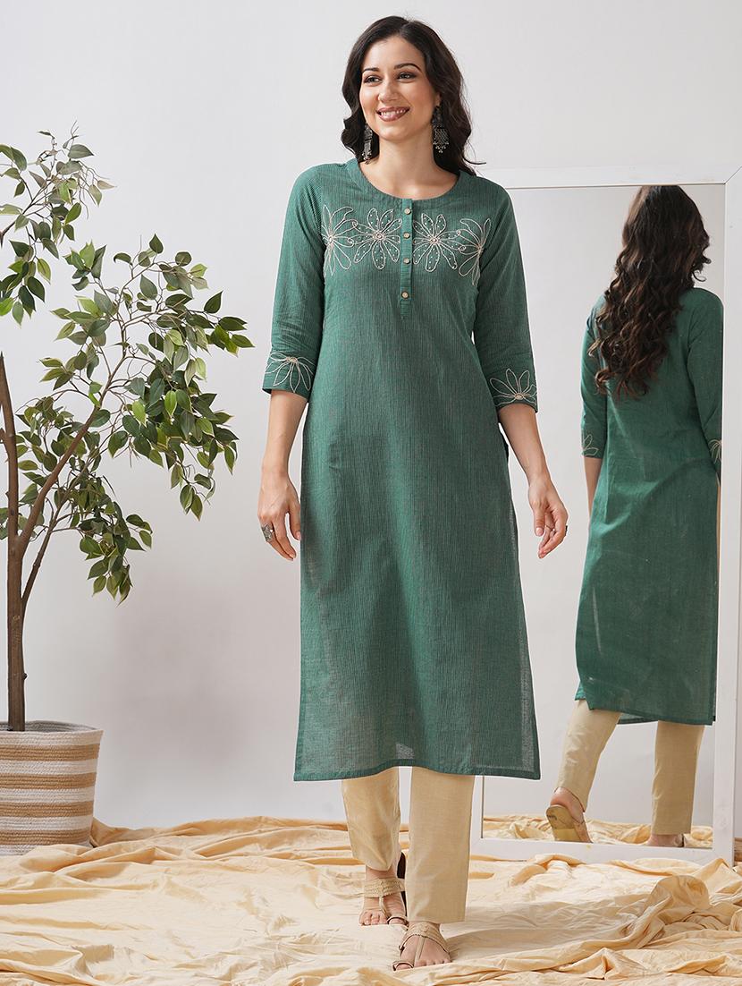 women striped three quarter sleeve straight kurta - 21997238 - Standard Image - 1