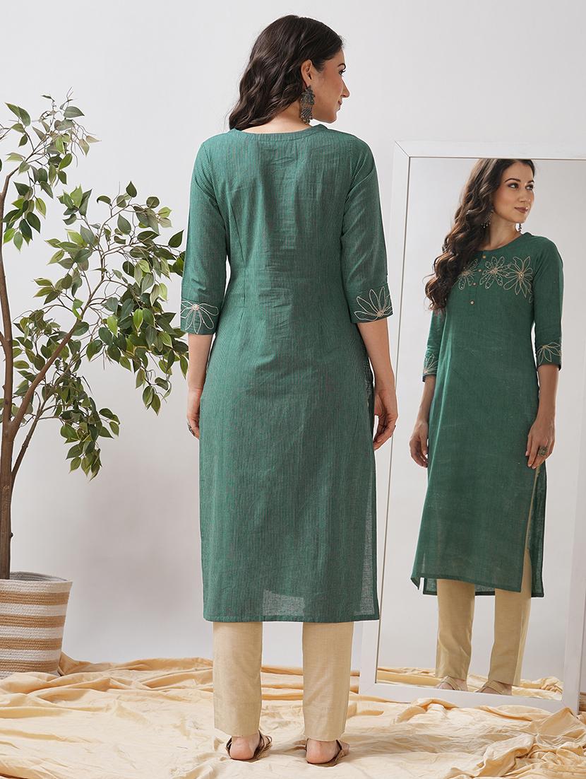 women striped three quarter sleeve straight kurta - 21997238 - Standard Image - 4