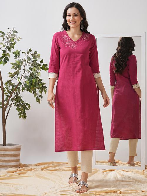 women self design three quarter sleeve straight kurta - 21997239 -  Standard Image - 0