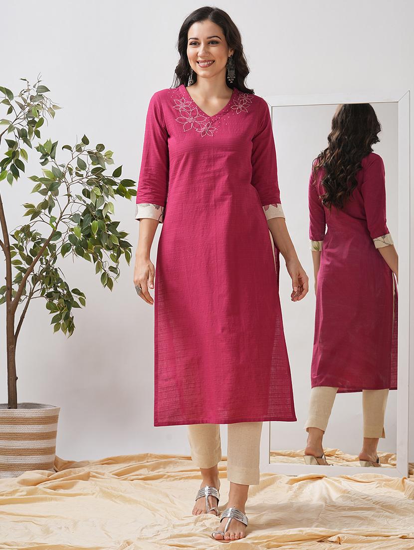 women self design three quarter sleeve straight kurta - 21997239 -  Zoom Image - 0