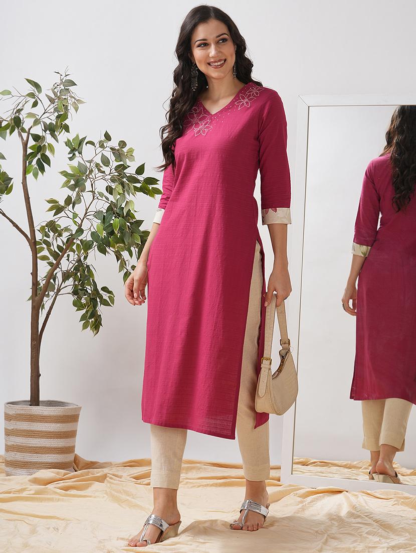 women self design three quarter sleeve straight kurta - 21997239 - Standard Image - 1