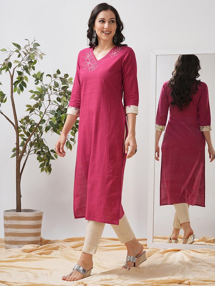 women self design three quarter sleeve straight kurta - 21997239 - Standard Image - 4