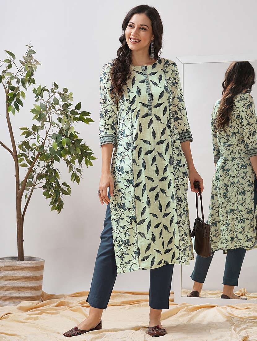 women floral printed three quarter sleeve straight kurta - 21997243 -  Standard Image - 1