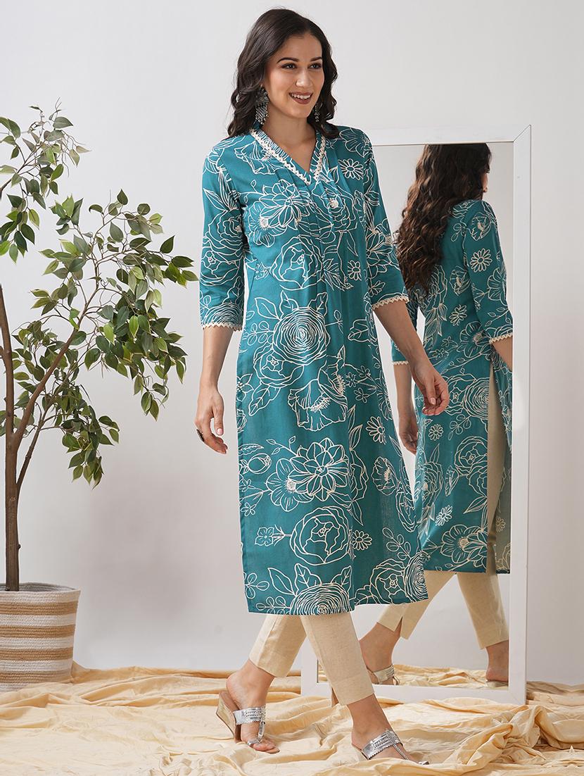 women floral printed three quarter sleeve a-line kurta - 21997245 - Standard Image - 1