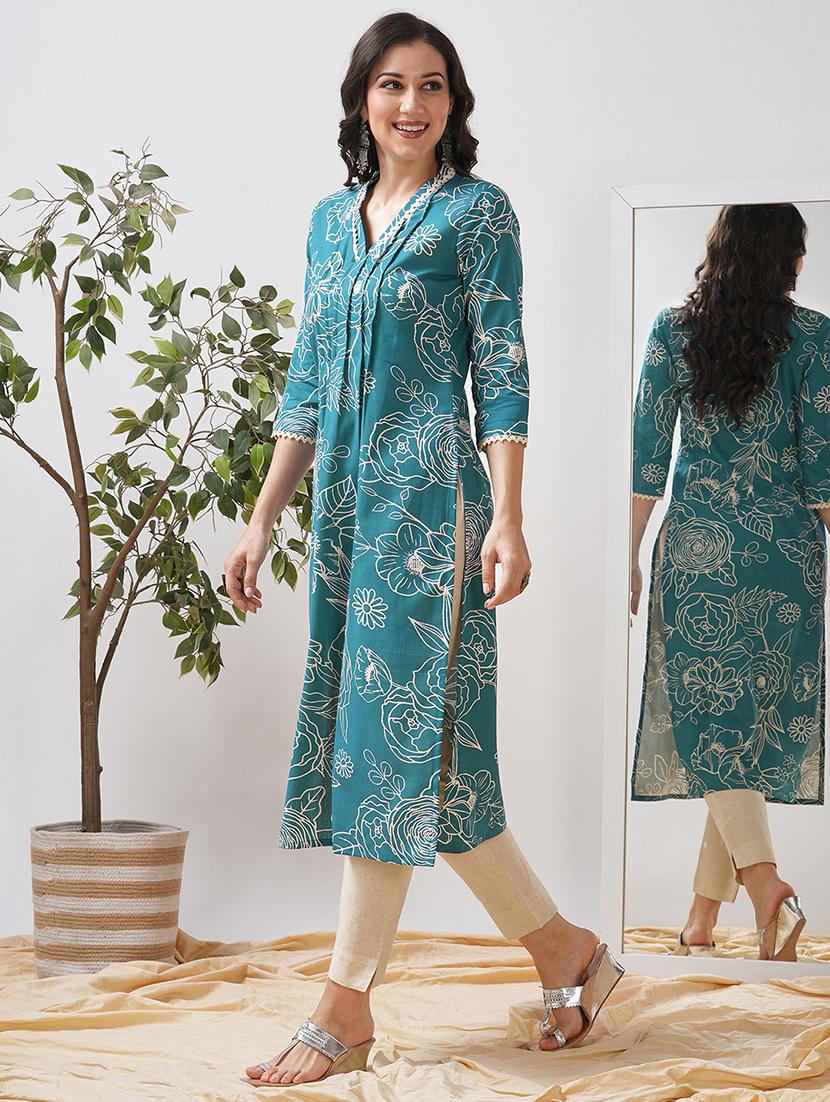 women floral printed three quarter sleeve a-line kurta - 21997245 - Standard Image - 4