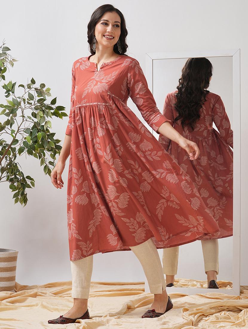 women floral printed three quarter sleeve flared kurta - 21997250 -  Standard Image - 1