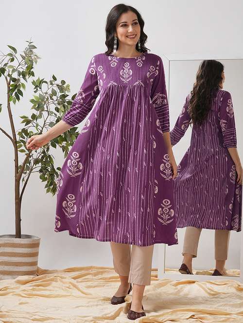 women floral printed three quarter sleeve flared kurta - 21997251 - Standard Image - 0