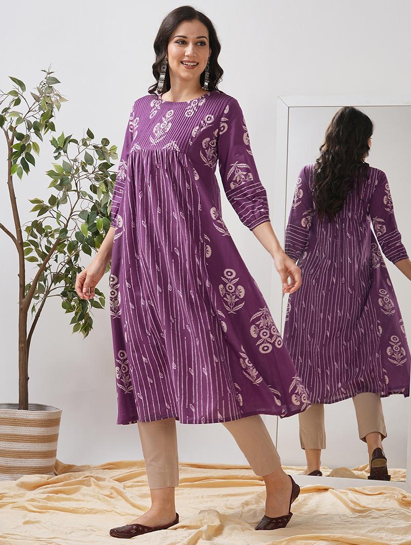 women floral printed three quarter sleeve flared kurta - 21997251 -  Standard Image - 1
