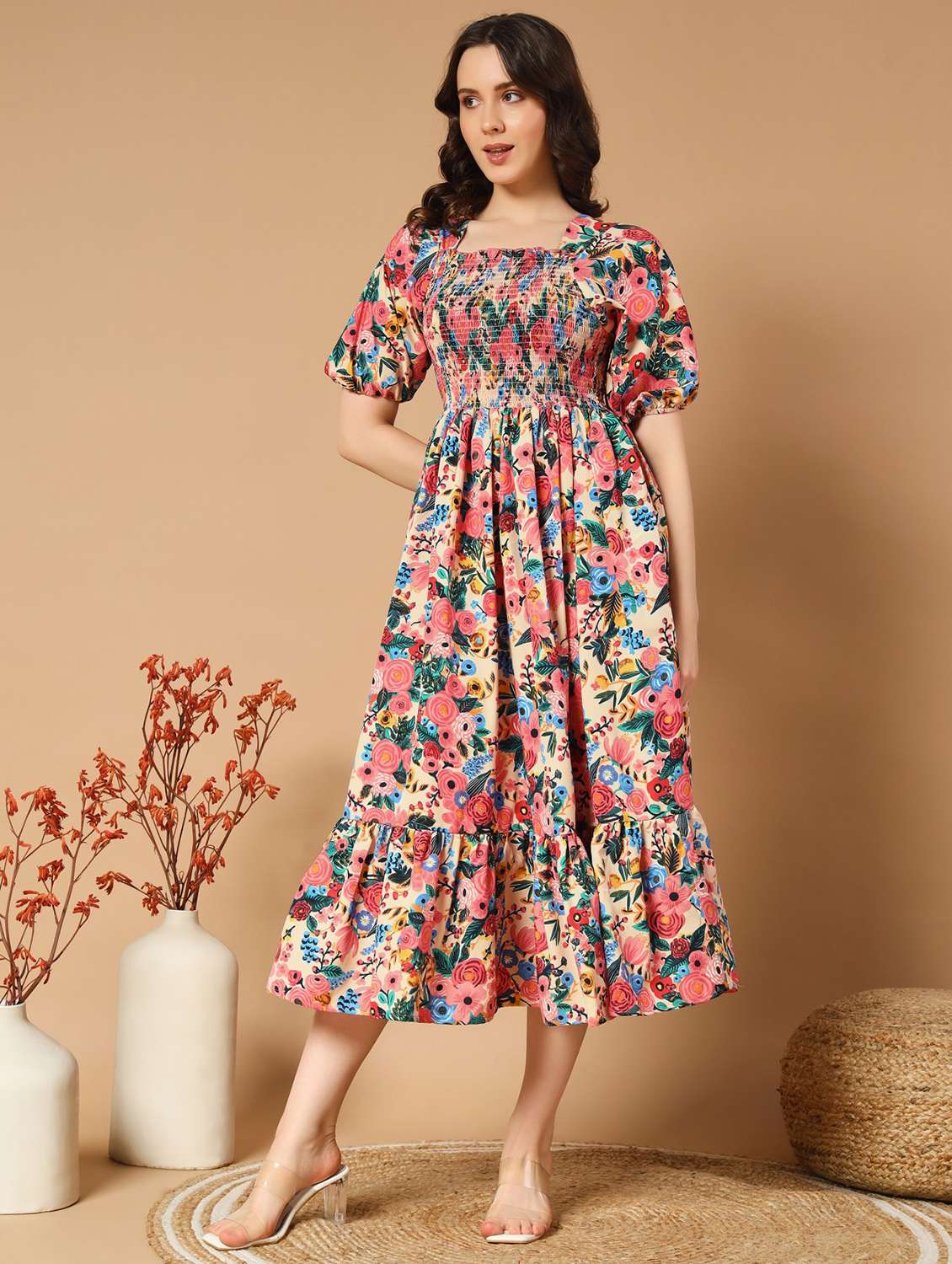 women floral printed puff sleeve tiered dress