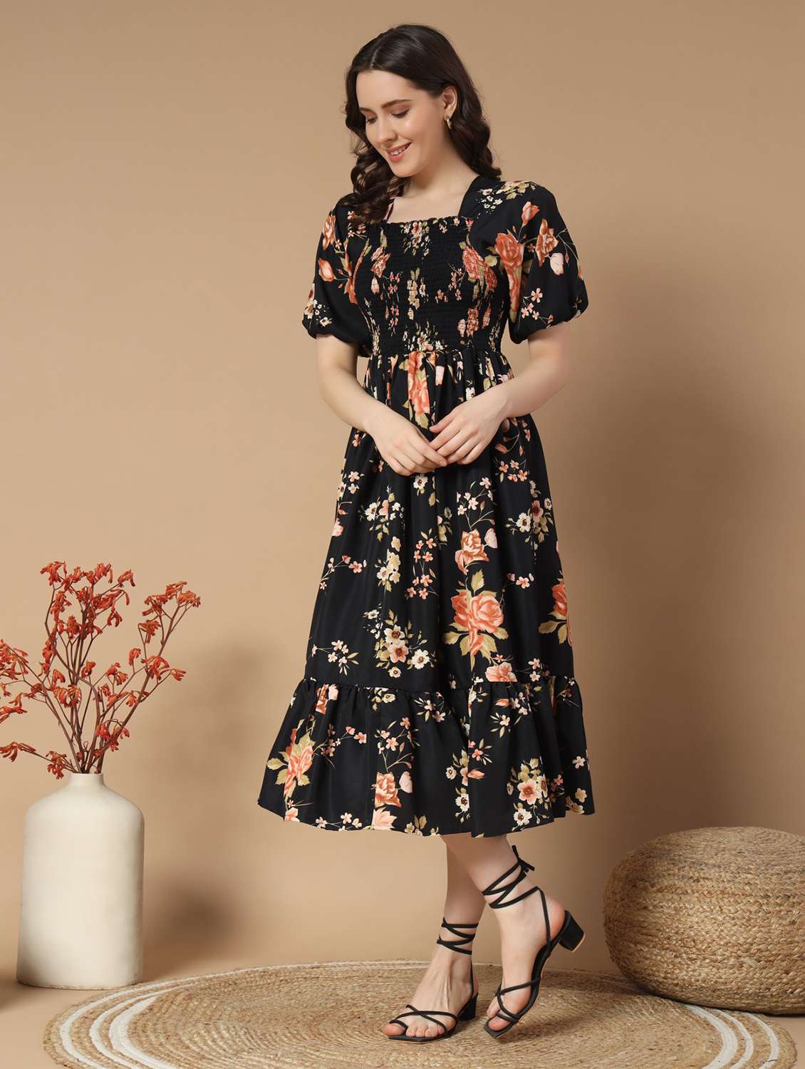 women floral printed puff sleeve tiered dress