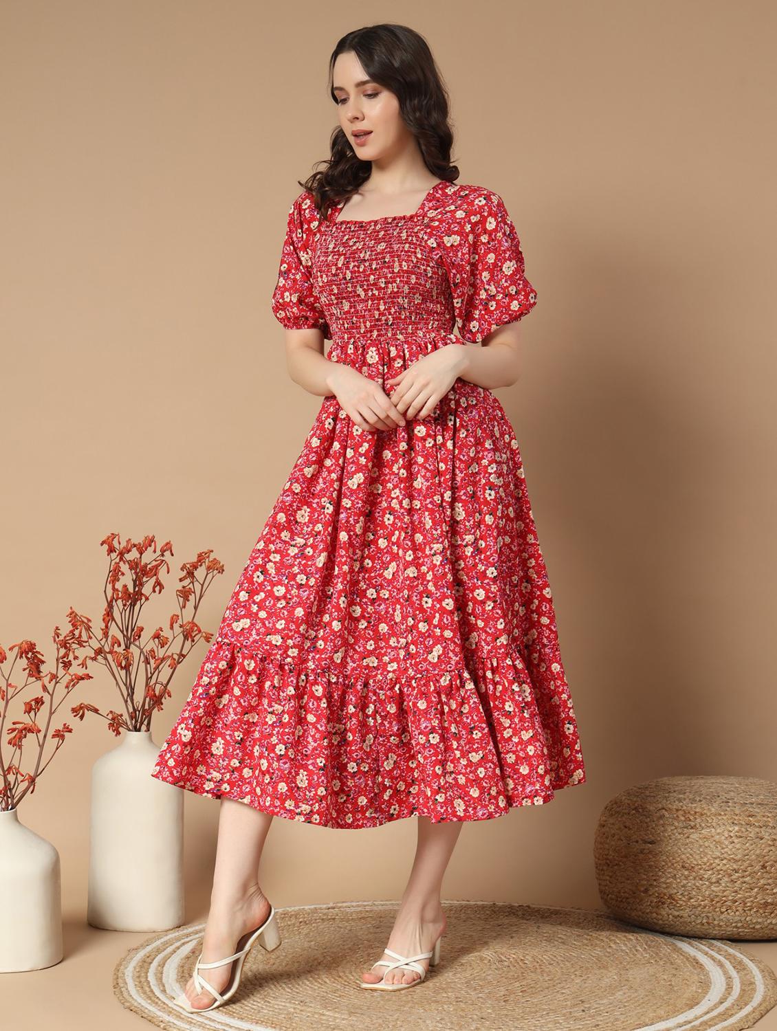 women floral printed puff sleeve tiered dress - 21997293 -  Standard Image - 1