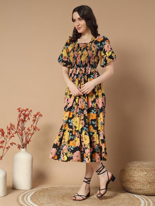 women floral printed puff sleeve tiered dress - 21997294 - Standard Image - 0
