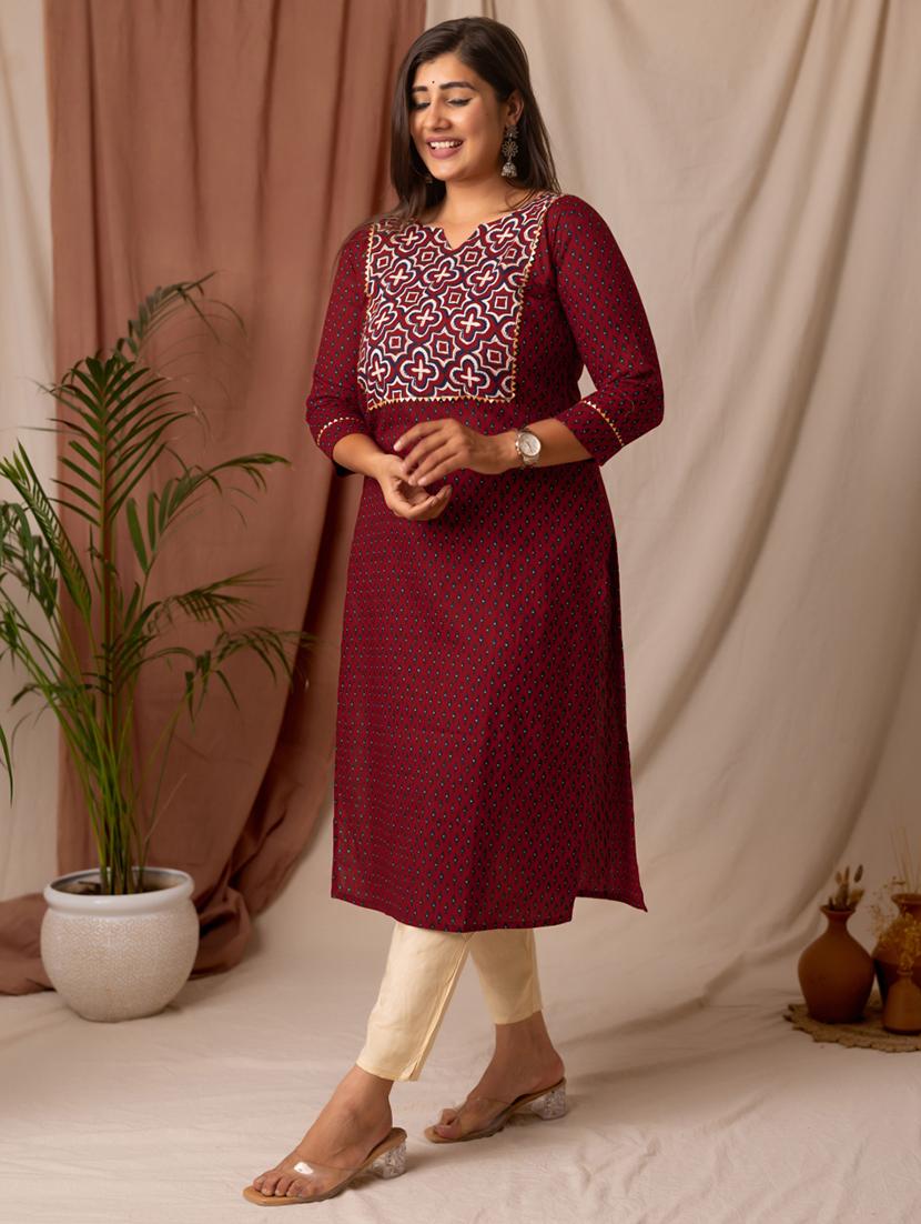 women printed three quarter sleeve straight kurta - 21997304 - Standard Image - 1