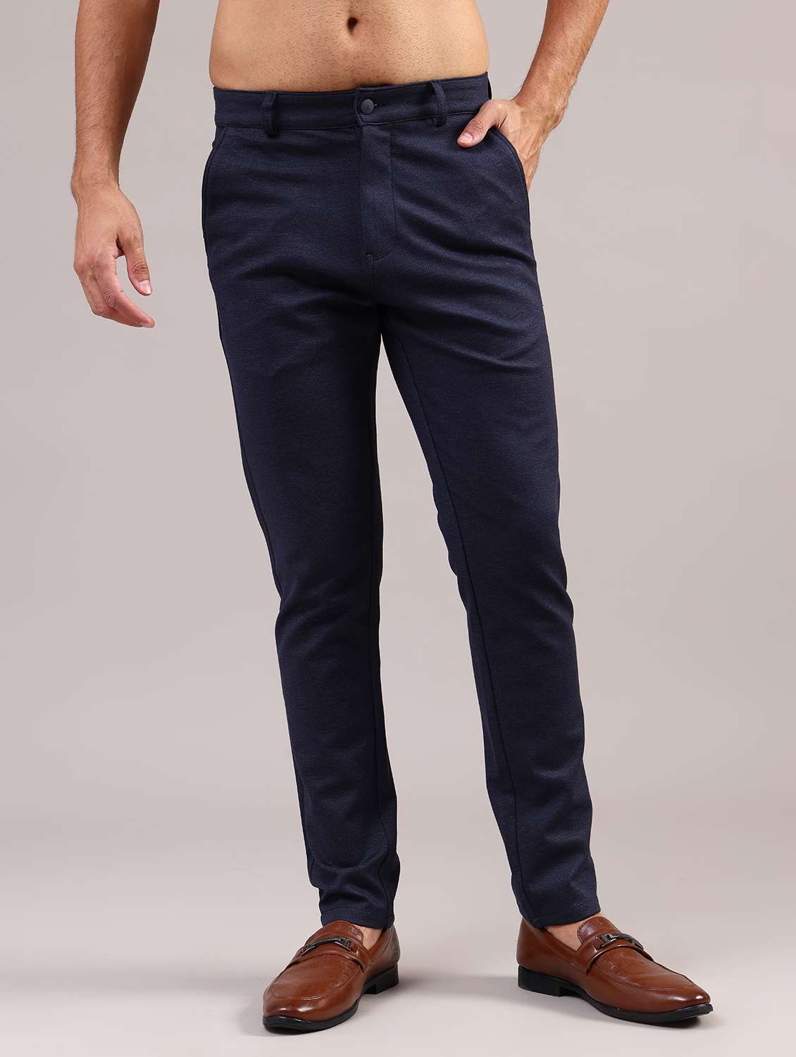 men solid mid rise slim fit taped trouser - 21997377 -  Standard Image - 1